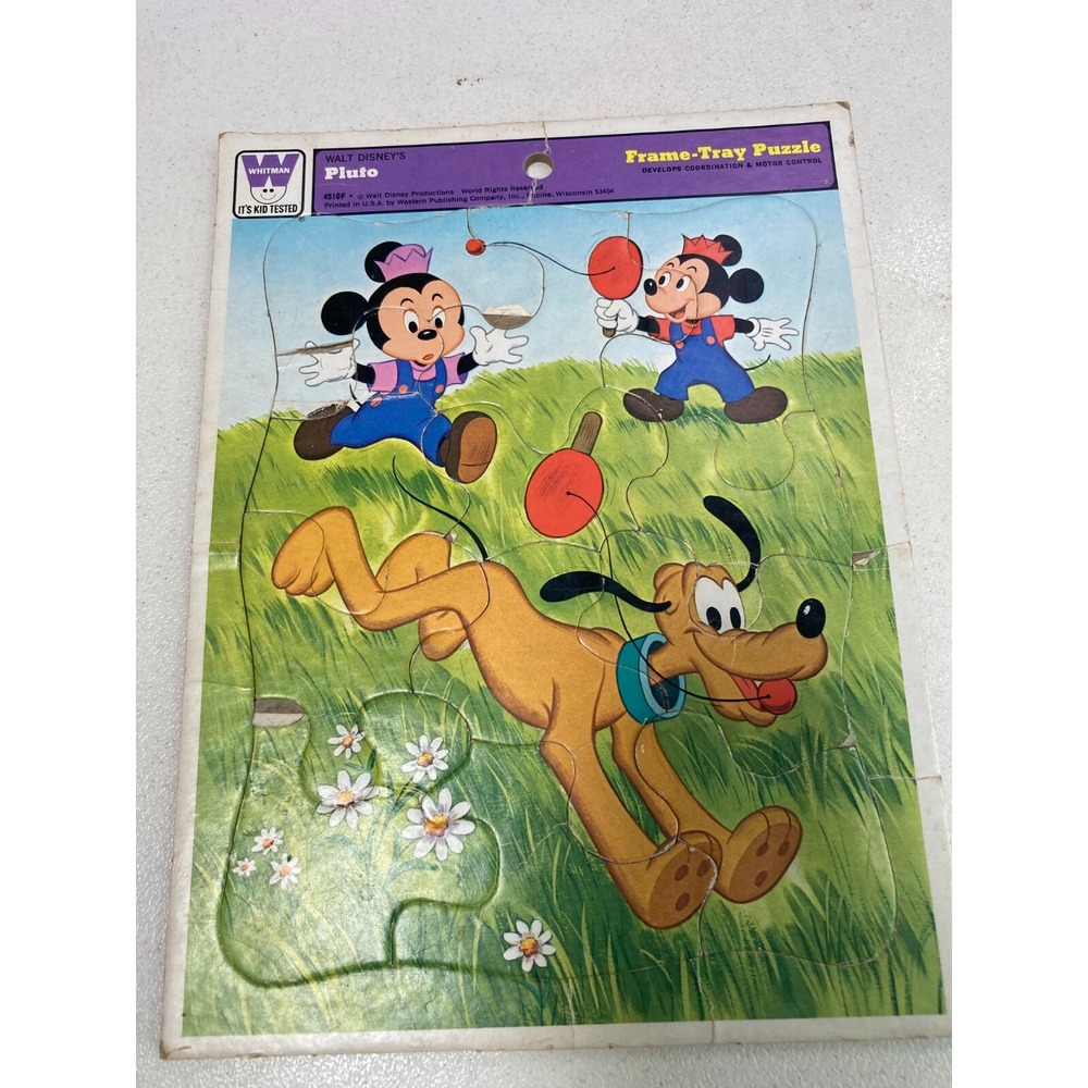Vintage 1980s Whitman Pluto Disney Frame Tray Puzzle Micky Minnie Action Scene